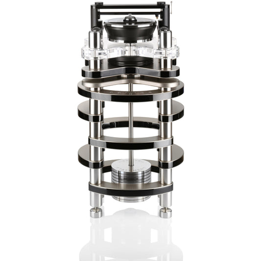 Clearaudio Statement v2 Plattenspieler Frontansicht mit Acryl-Chassis, Aluminium-Ebenen und Tangential-Tonarm