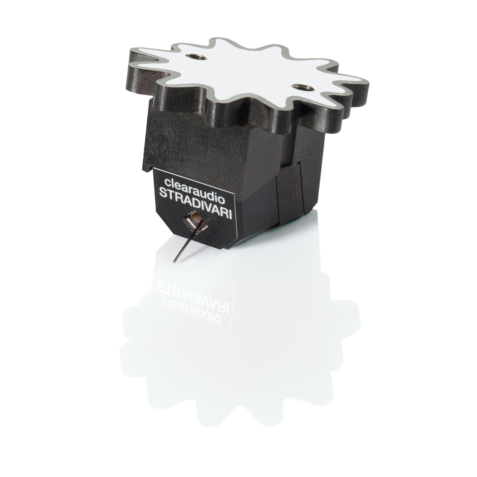 Clearaudio Stradivari V2 Moving-Coil-Tonabnehmer Schrägansicht, Ebenholzgehäuse mit Zahnrad-Deckplatte