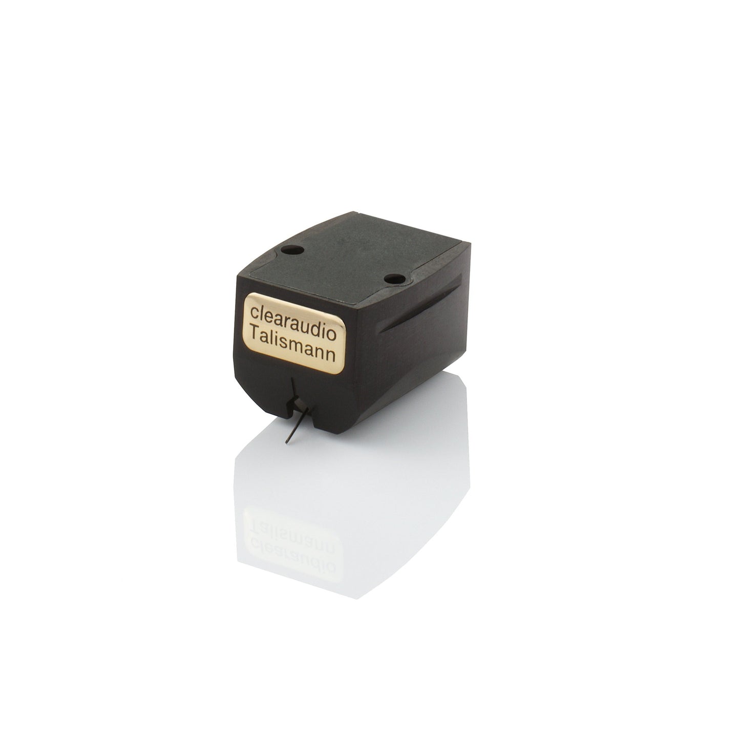 Clearaudio Talismann V2 Gold Moving-Coil-Tonabnehmer Schrägansicht, Ebenholzgehäuse mit goldenem Typenschild