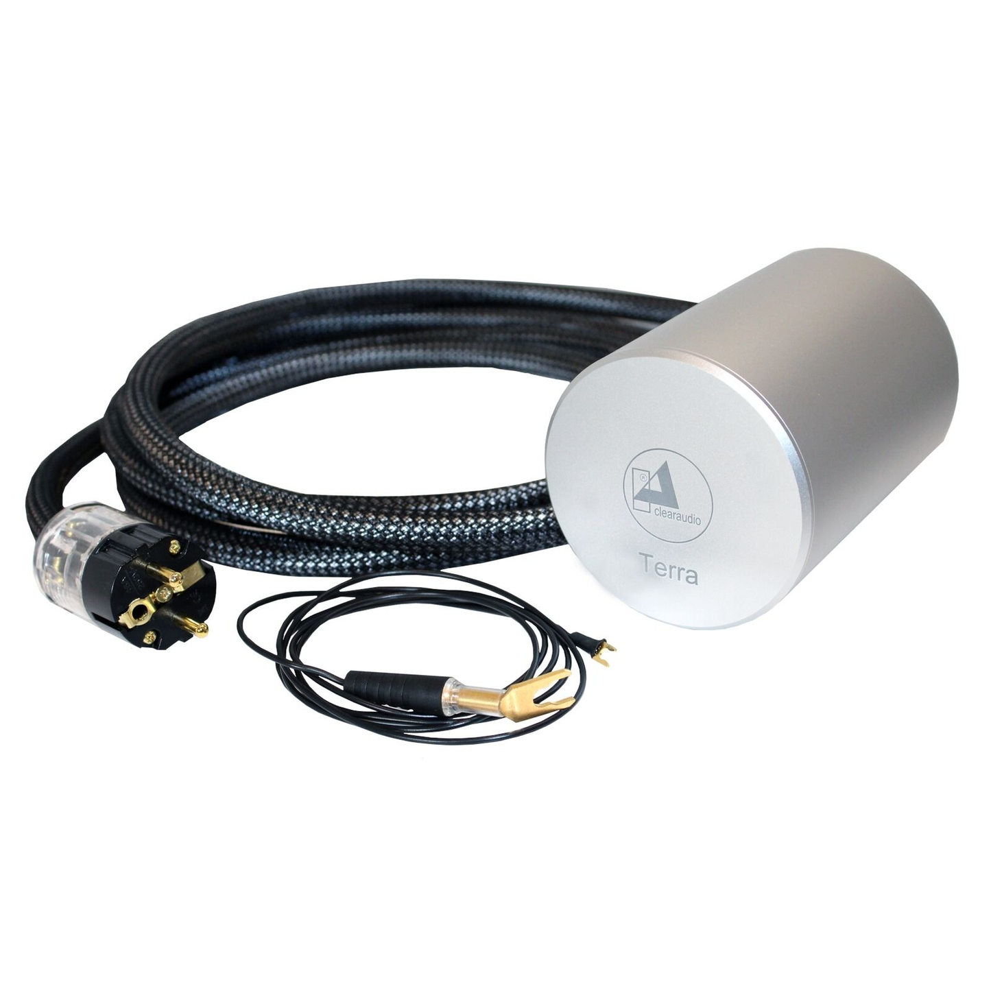 Clearaudio Terra Erdungsbox Lieferumfang in Silber mit Netzkabel und Erdungskabel mit Kabelschuh