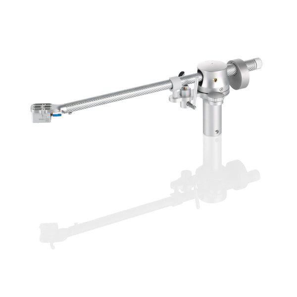 Clearaudio Tracer 9-Zoll-Tonarm Seitenansicht in Silber mit Carbon-Armrohr und montiertem Tonabnehmer