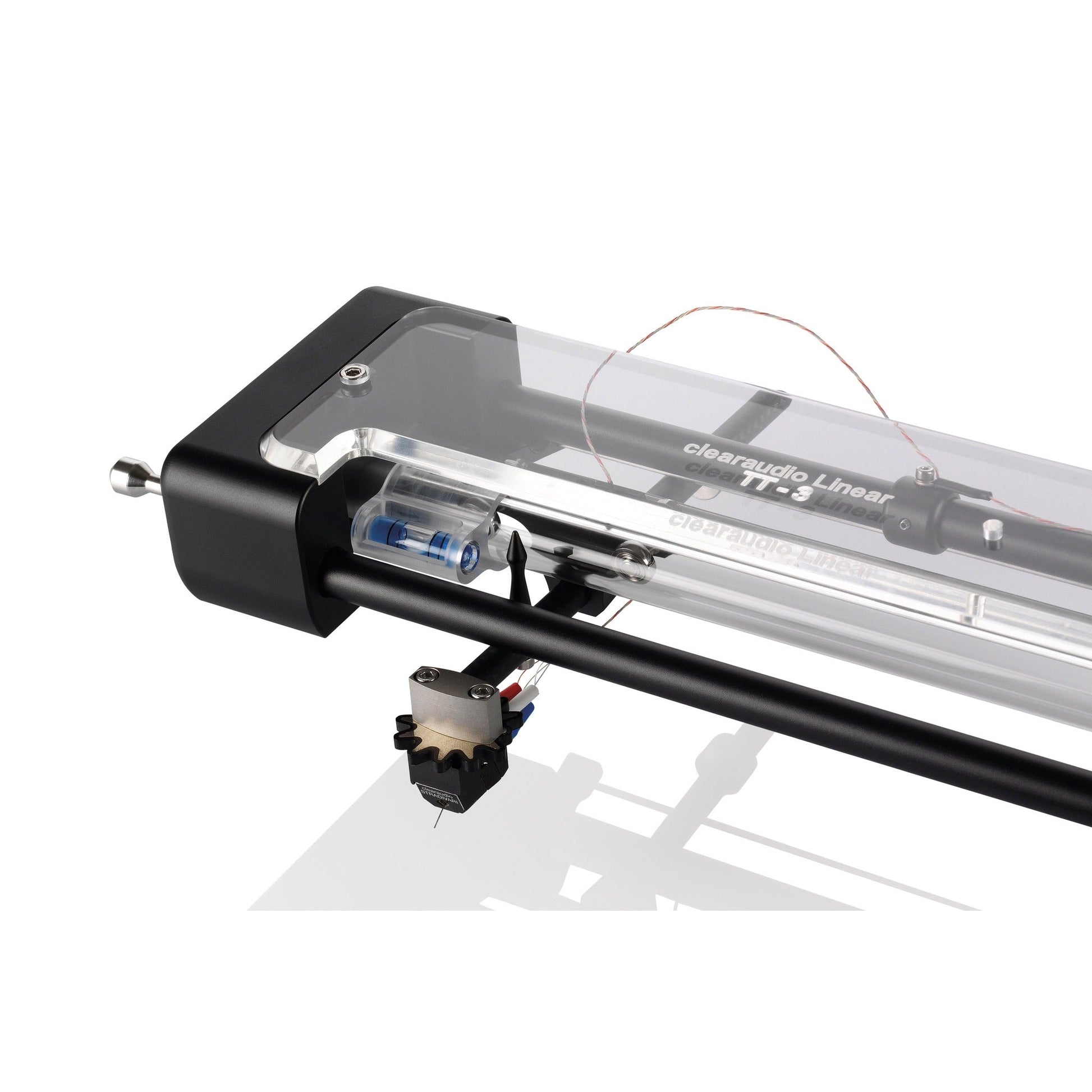 Clearaudio TT3 Tangential-Tonarm + DSW 1,0 m Schwarz Detailansicht Lagergehäuse mit Libelle und Tonabnehmer