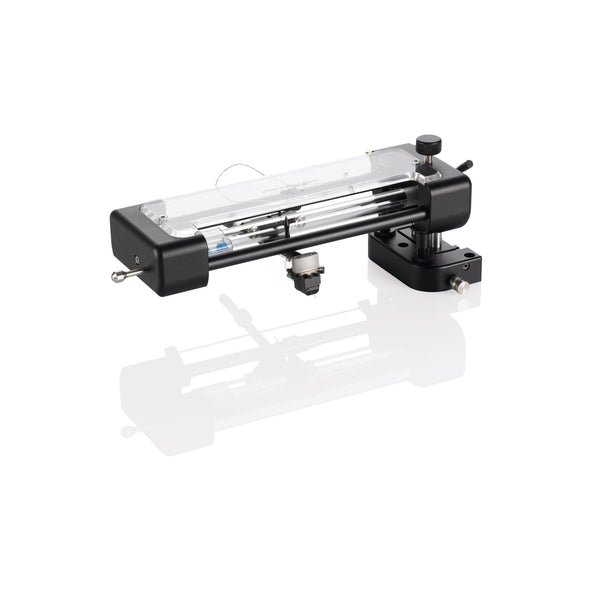 Clearaudio TT3 Tangential-Tonarm + DSW 1,5 m Schwarz Schrägansicht mit Acrylführung und Tonabnehmer
