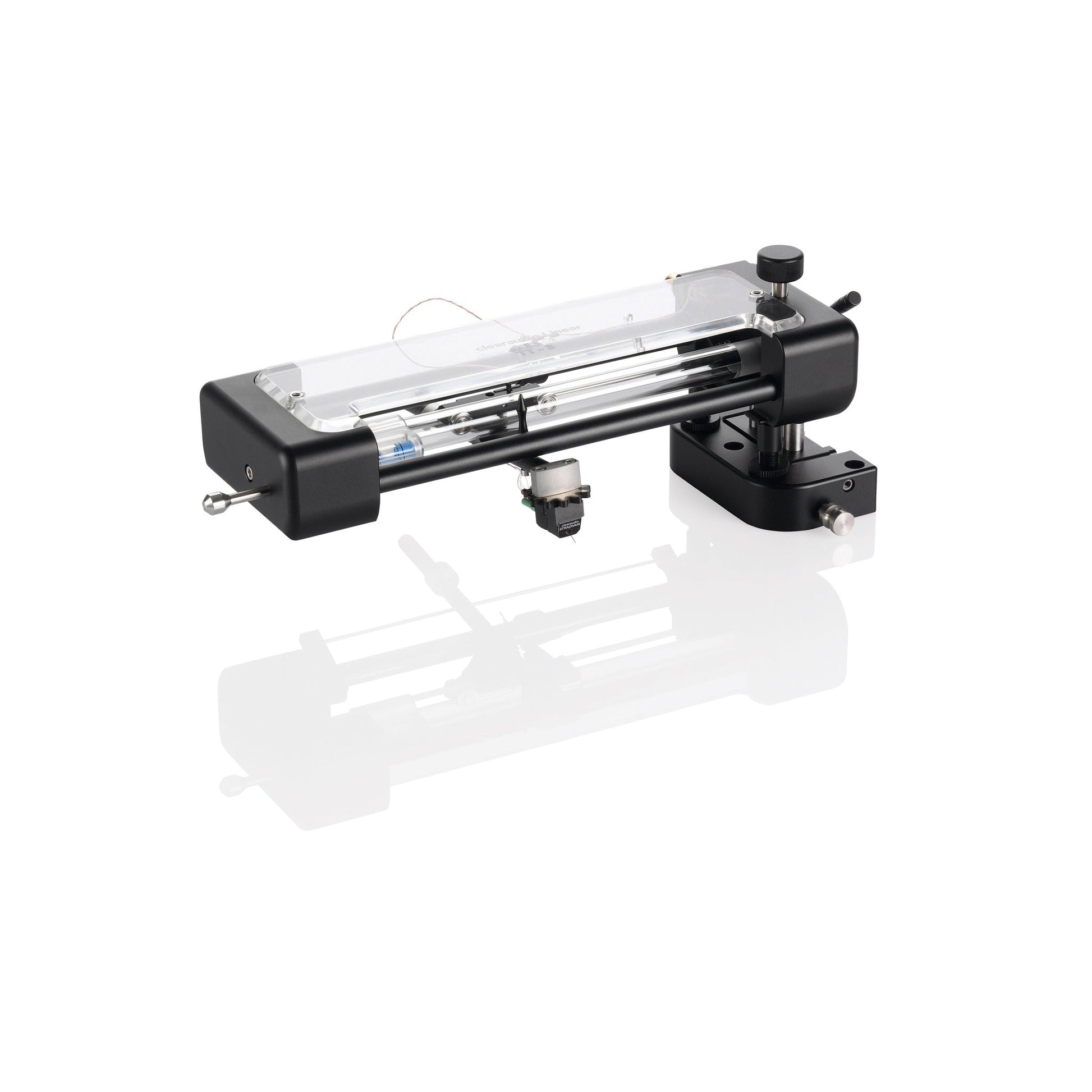 Clearaudio TT3 Tangential-Tonarm + DSW 1,5 m Schwarz Schrägansicht mit Acrylführung und Tonabnehmer