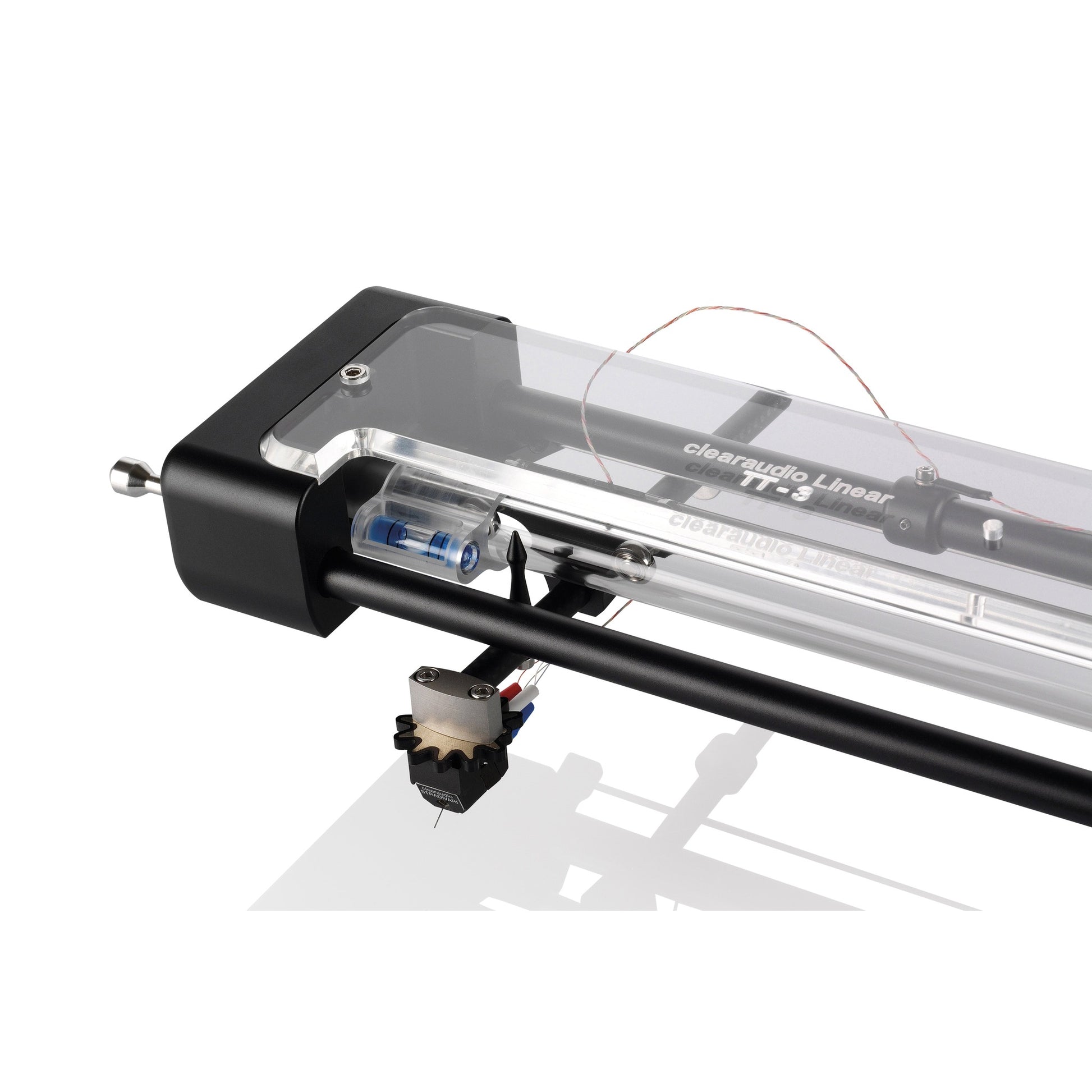 Clearaudio TT3 Tangential-Tonarm Schwarz Detailansicht Lagergehäuse mit Libelle und montiertem Tonabnehmer