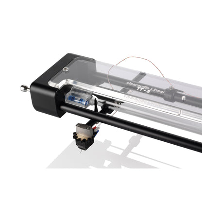 Clearaudio TT3 Tangential-Tonarm Schwarz Detailansicht Lagergehäuse mit Libelle und montiertem Tonabnehmer