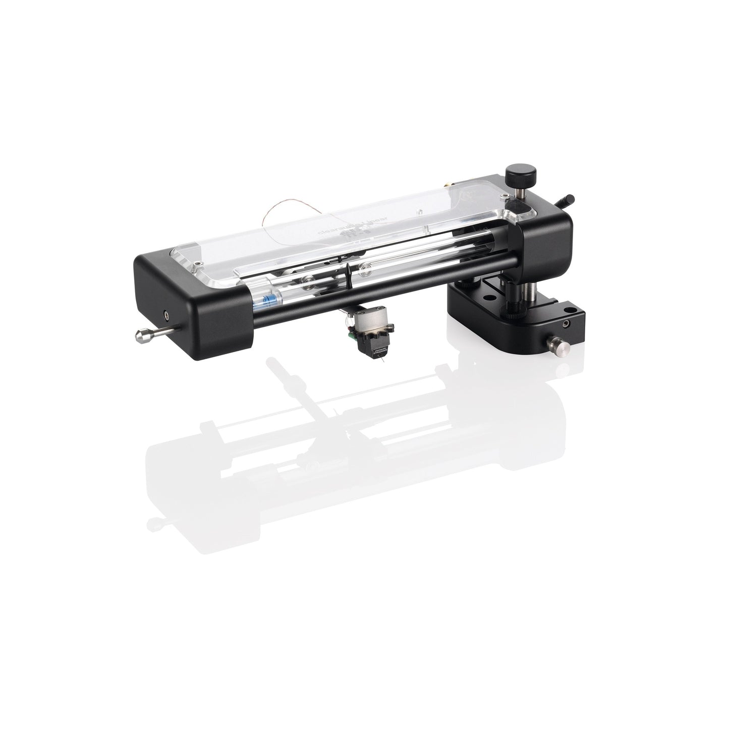 Clearaudio TT3 Tangential-Tonarm Schwarz Schrägansicht mit Acrylführung und montiertem Tonabnehmer