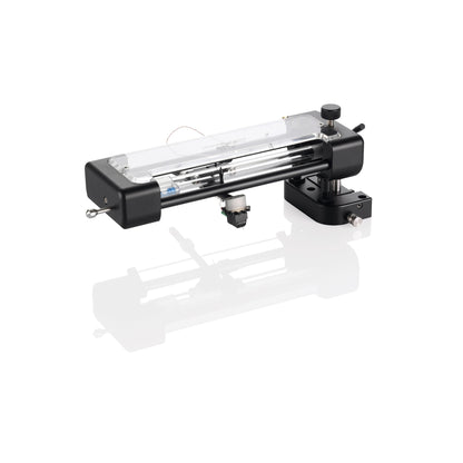 Clearaudio TT3 Tangential-Tonarm Schwarz Schrägansicht mit Acrylführung und montiertem Tonabnehmer