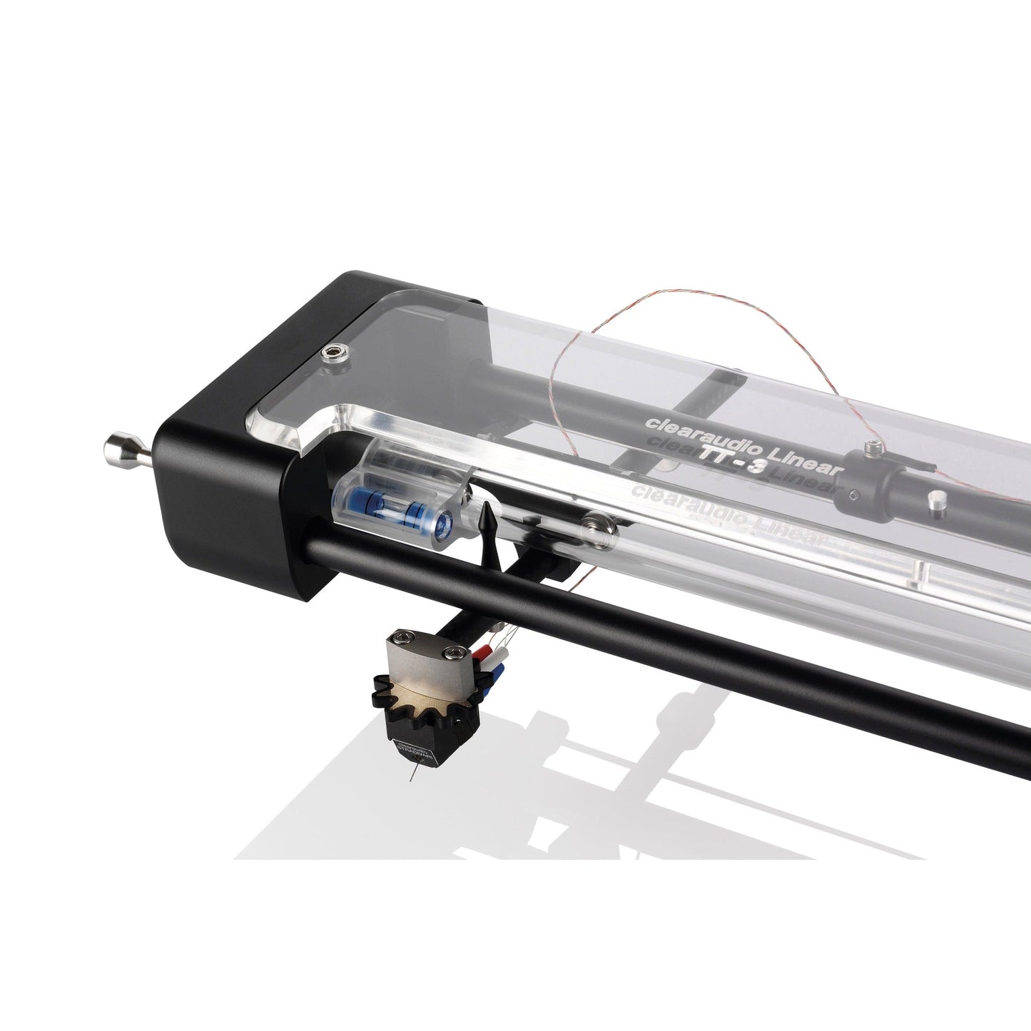 Clearaudio TT3 Tangential-Tonarm + SSW 1,5 m Schwarz Detailansicht Lagergehäuse mit Libelle und Tonabnehmer