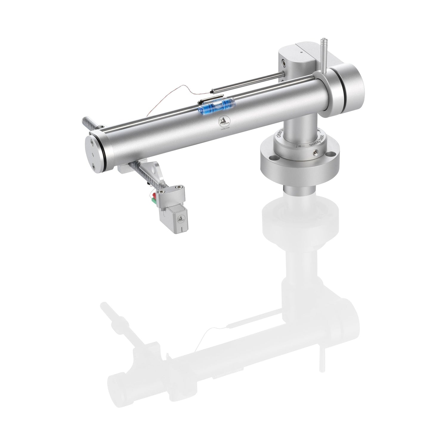 Clearaudio TT5 Swing Base Tangential-Tonarm Silber Schrägansicht mit Swing-Base-Sockel