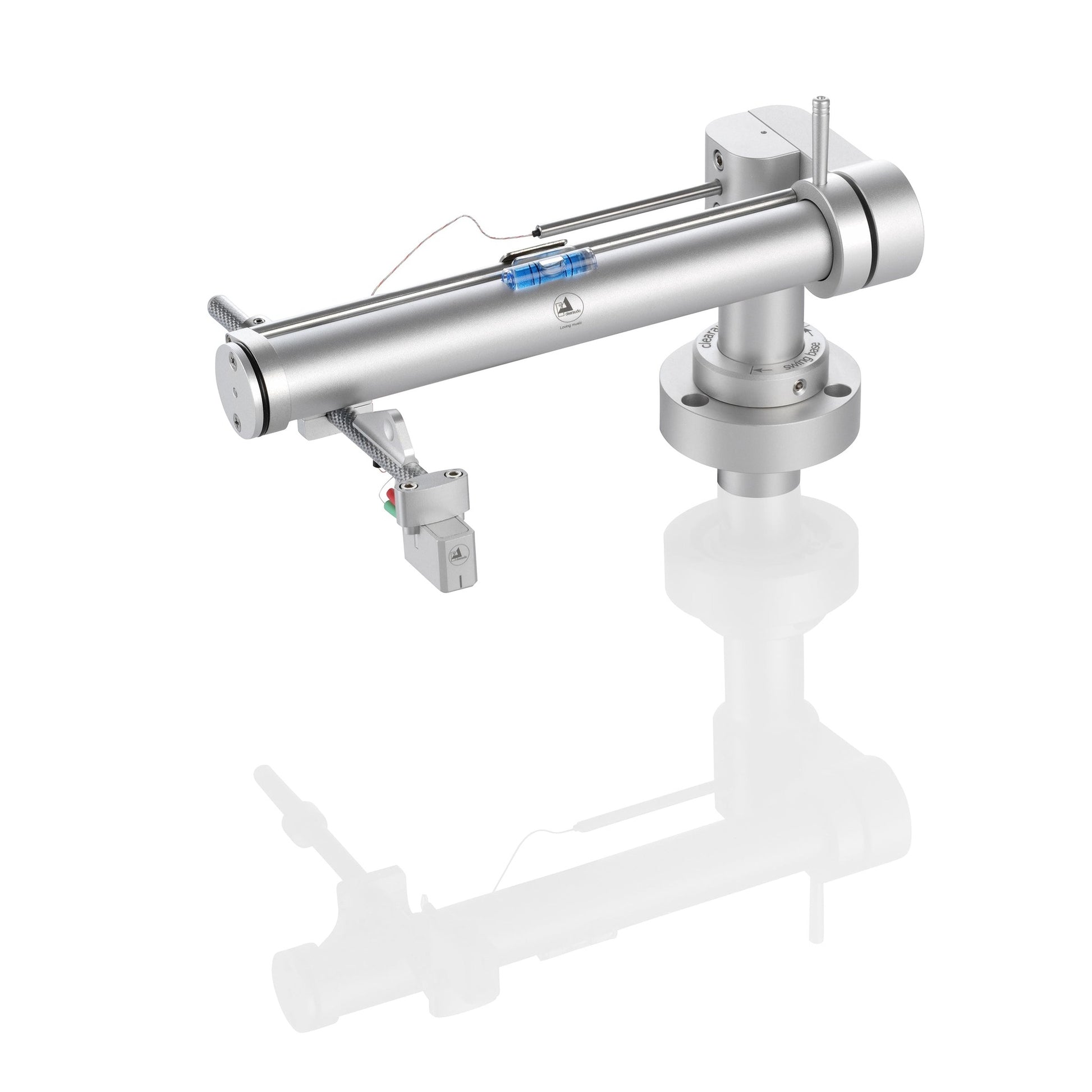 Clearaudio TT5 Swing Base Tangential-Tonarm Silber Schrägansicht mit Swing-Base-Sockel