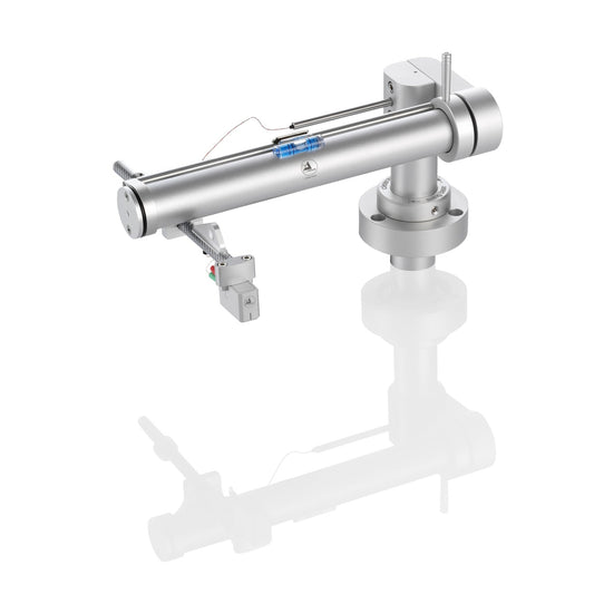 Clearaudio TT5 Swing Base Tangential-Tonarm Silber Schrägansicht mit Swing-Base-Sockel