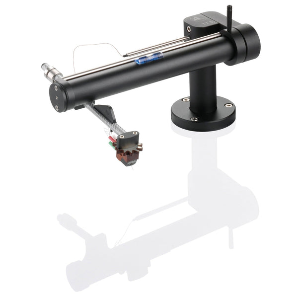 Clearaudio TT5 Tangential-Tonarm Schwarz Schrägansicht mit montiertem Tonabnehmer und Libelle