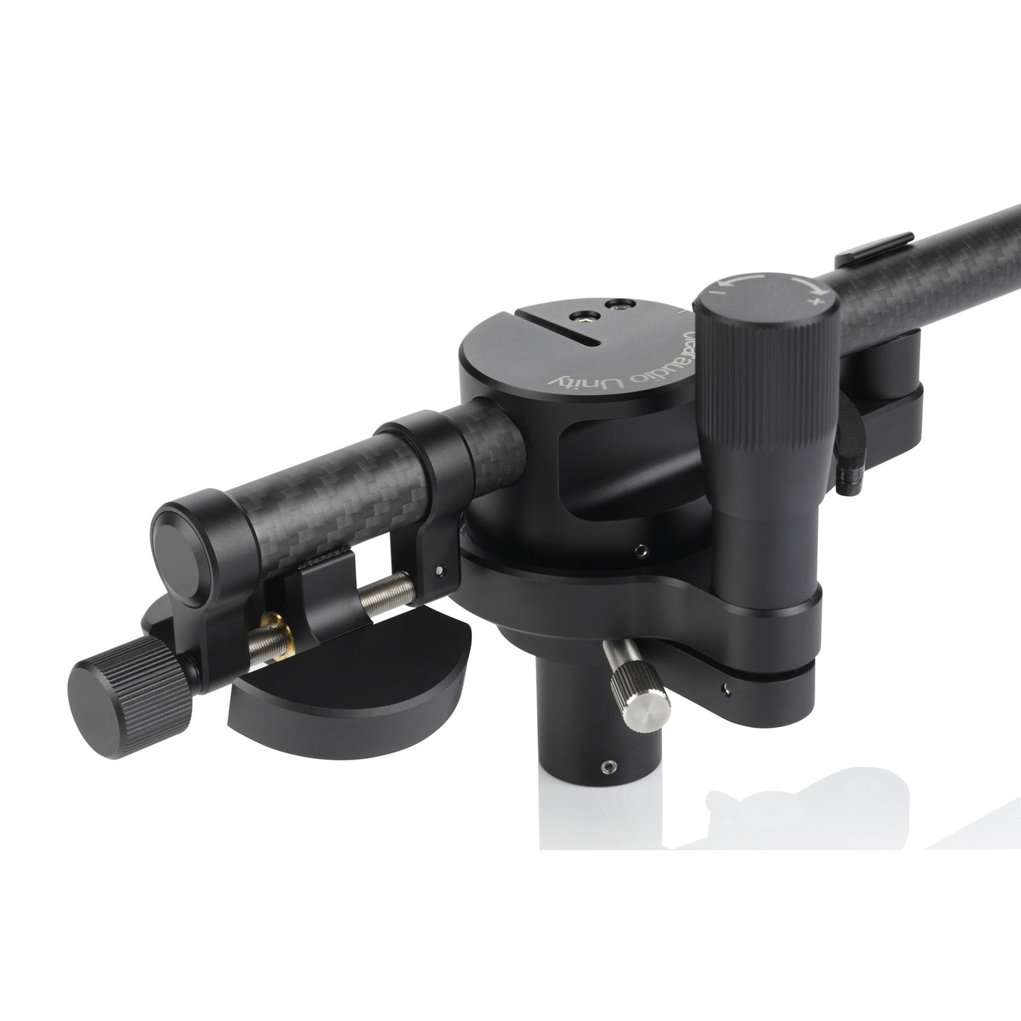 Clearaudio Unity 10-Zoll-Tonarm mit DIN-Anschluss Schwarz Detailansicht Lagerbasis, Gegengewichte, Antiskating