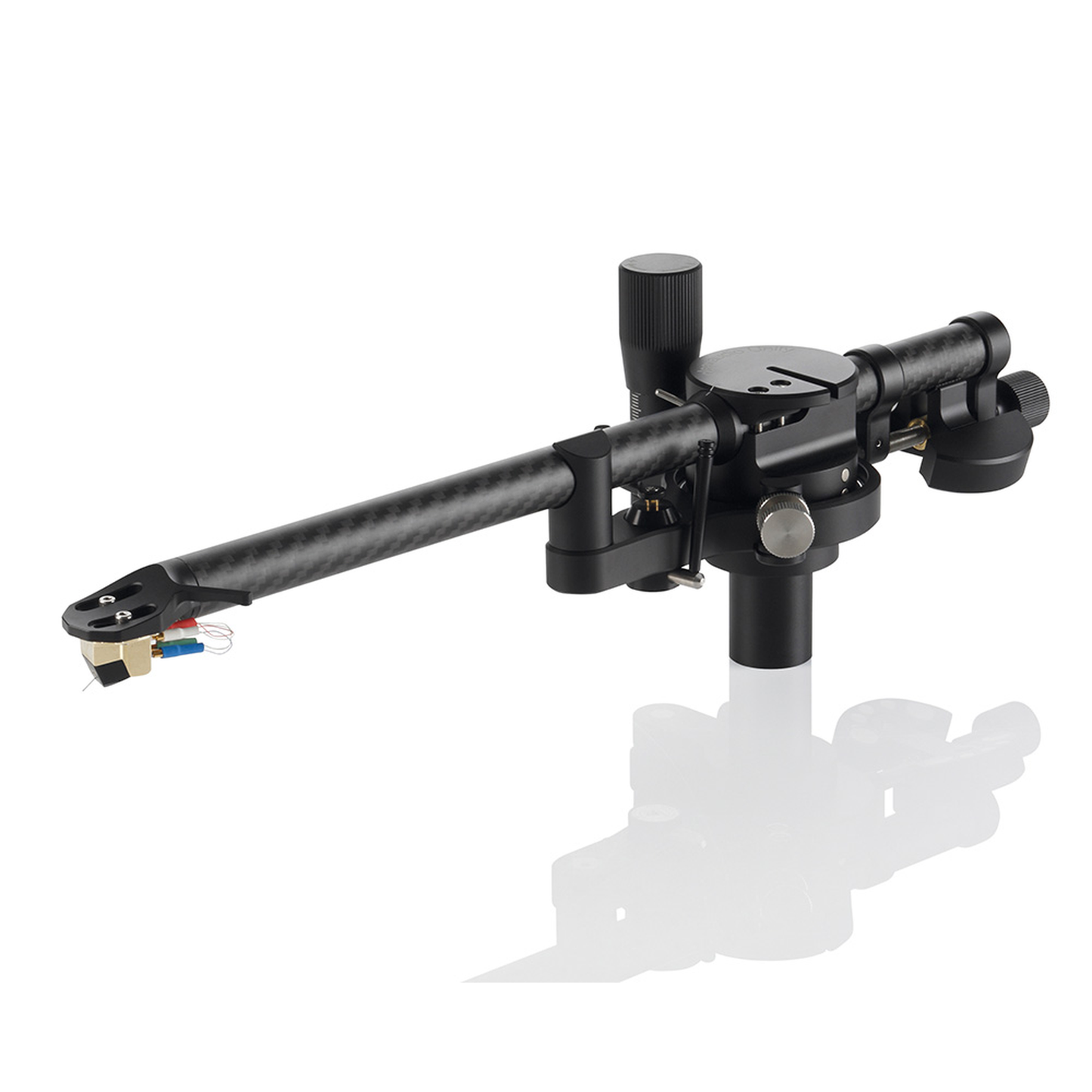 Clearaudio Unity 10-Zoll-Tonarm mit DIN-Anschluss Schwarz Schrägansicht mit Carbon-Armrohr und Tonabnehmer