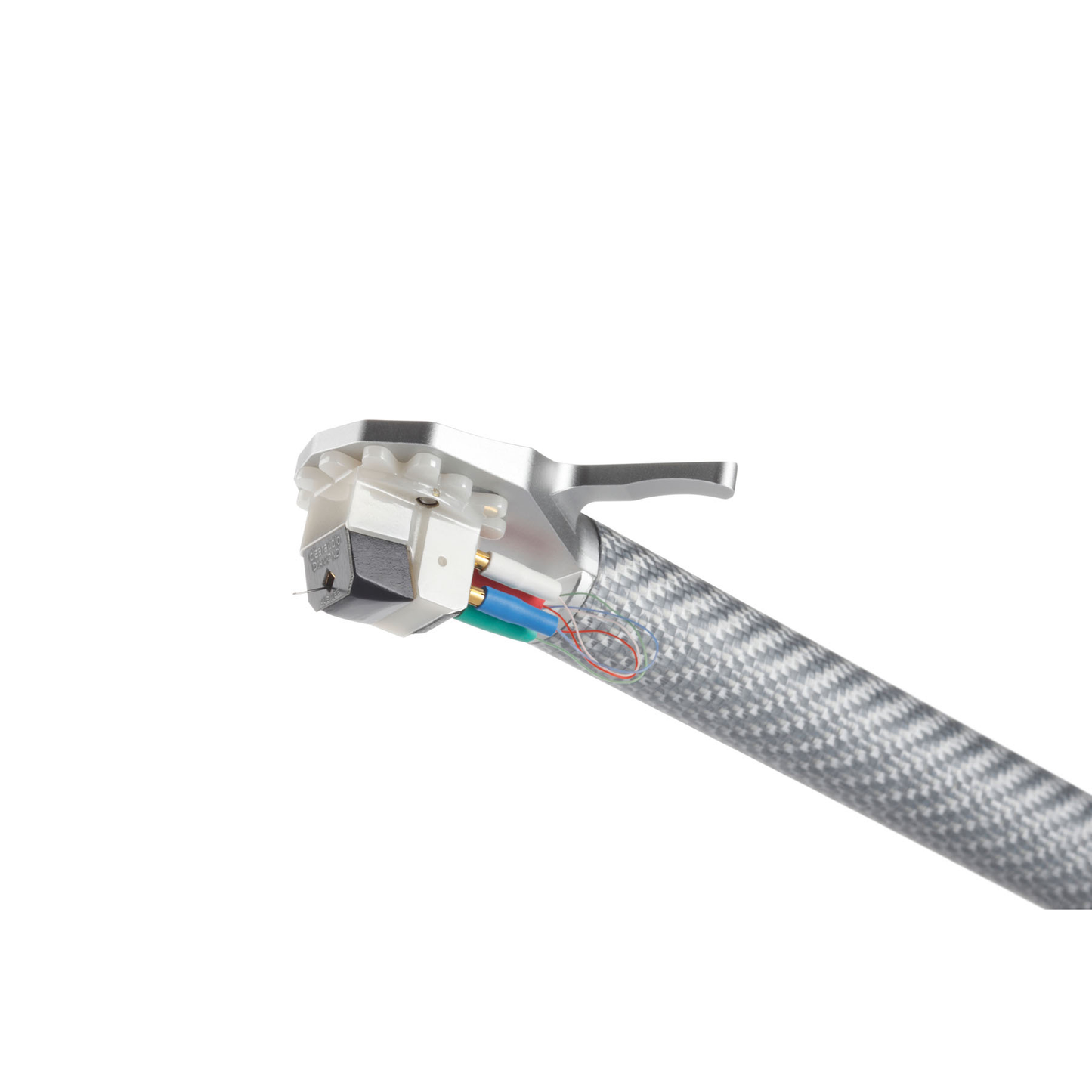 Clearaudio Unity 10-Zoll-Tonarm mit DIN-Anschluss Silber Detailansicht der Headshell mit montiertem Tonabnehmer