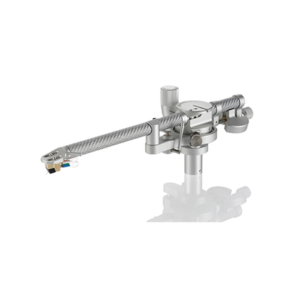Clearaudio Unity 10-Zoll-Tonarm mit DIN-Anschluss Silber Schrägansicht mit geflochtenem Armrohr und Tonabnehmer