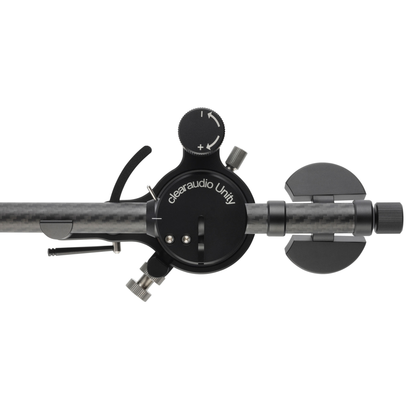 Clearaudio Unity 10-Zoll-Tonarm Schwarz Draufsicht auf Lager, VTA-Einstellung und Gegengewichte