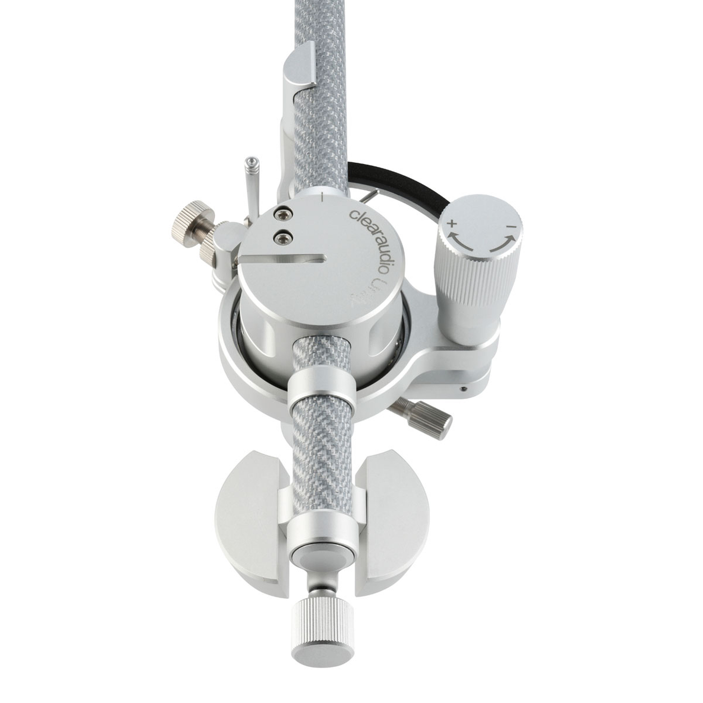 Clearaudio Unity 10-Zoll-Tonarm Silber Draufsicht auf Lager, VTA-Einstellung und Gegengewichte