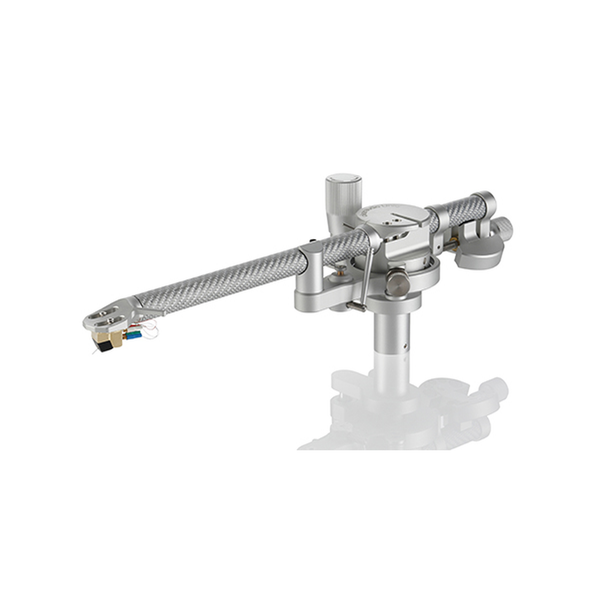 Clearaudio Unity 10-Zoll-Tonarm Silber Schrägansicht mit geflochtenem Armrohr und montiertem Tonabnehmer
