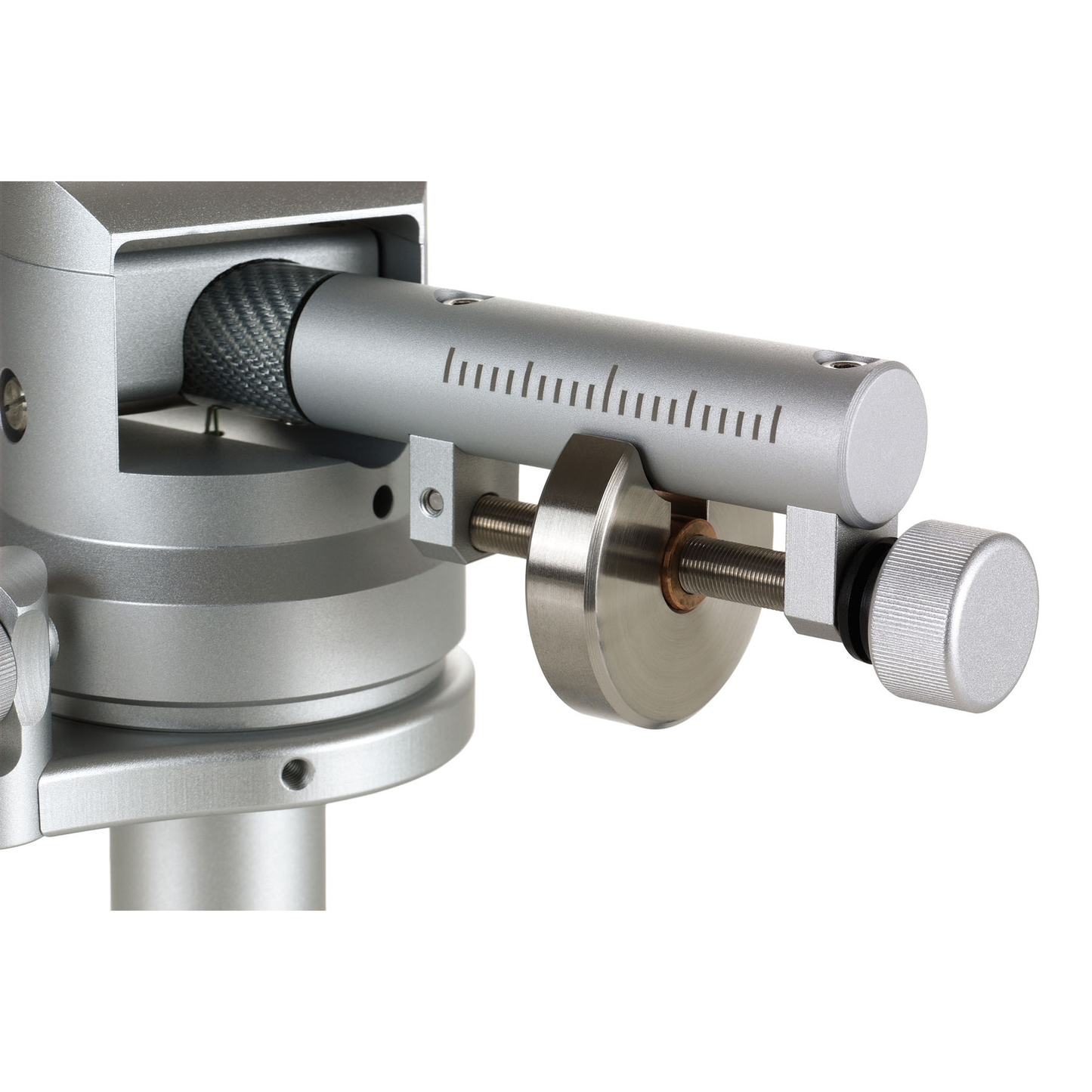 Clearaudio Universal 12-Zoll-Tonarm Cinch Detailansicht Lagerung mit Gegengewicht, silberne Ausführung