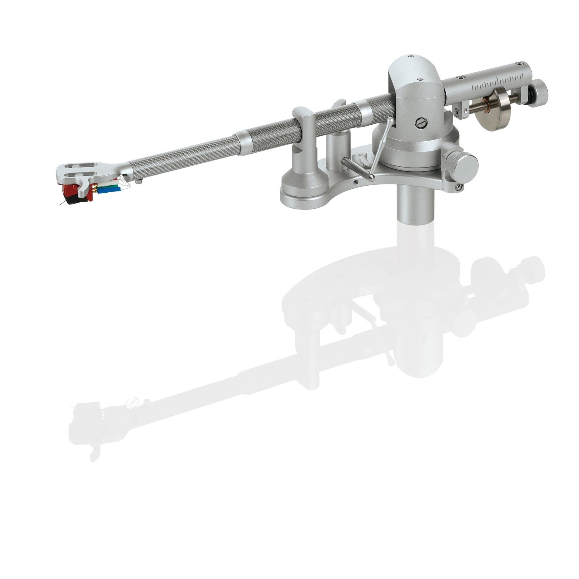 Clearaudio Universal Tonarm Silber Schrägansicht mit Aluminium-Armrohr, abgebildet ist die 9-Zoll-Ausführung