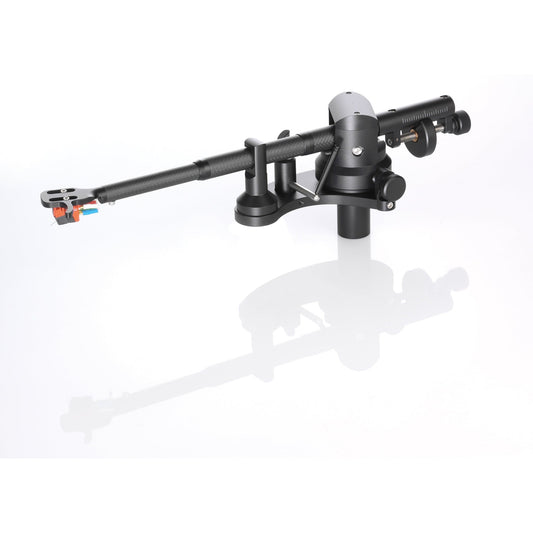 Clearaudio Universal Tonarm 9 Zoll Cinch Schwarz, Schrägansicht mit Carbon-Armrohr und Gegengewicht