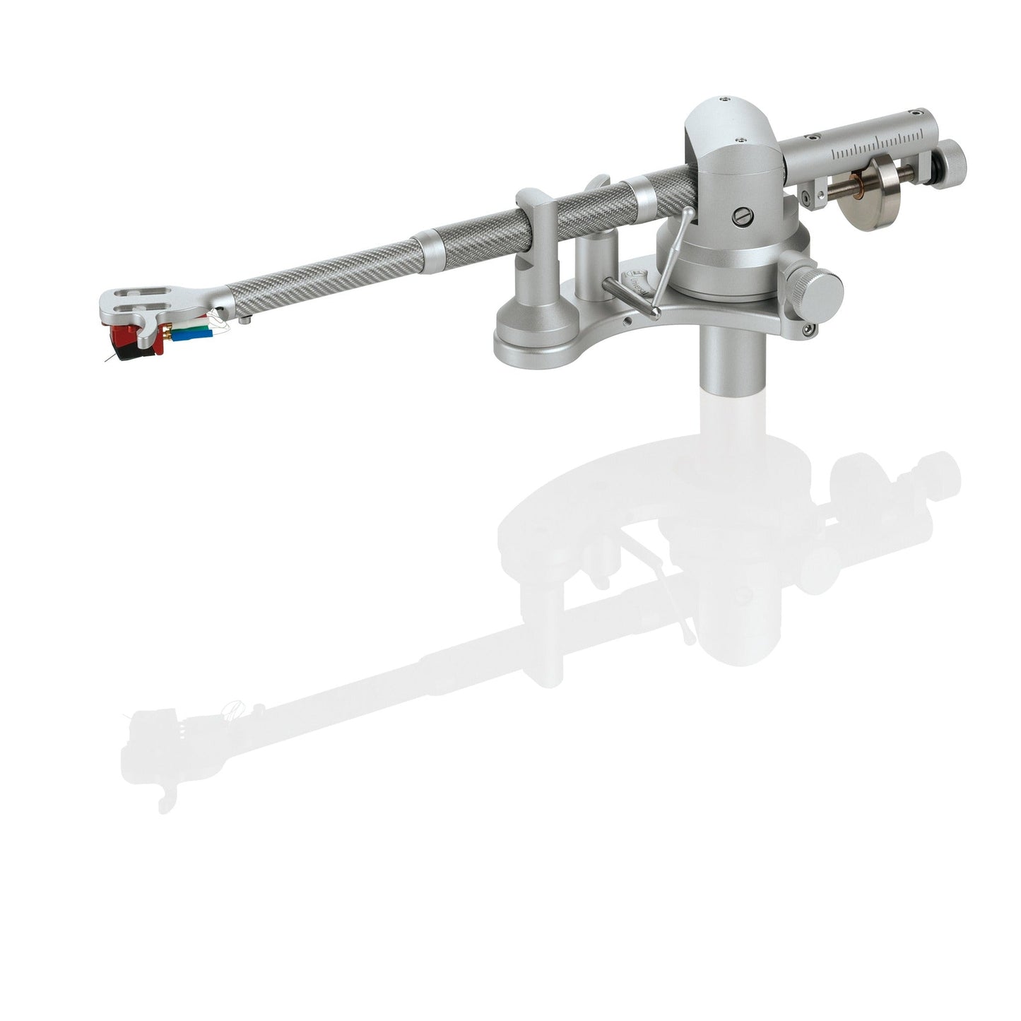 Clearaudio Universal 9-Zoll-Tonarm Silber Schrägansicht mit Aluminium-Armrohr, abgebildet die Cinch-Ausführung