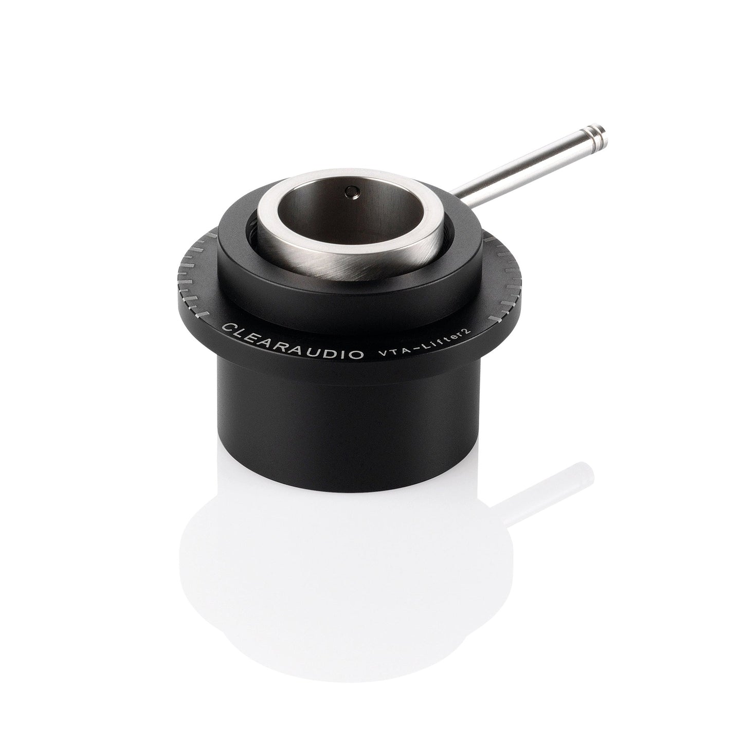 Clearaudio VTA Lifter, VTA-Höhenverstellung, Schrägansicht in Schwarz mit Skalenring und Stellhebel