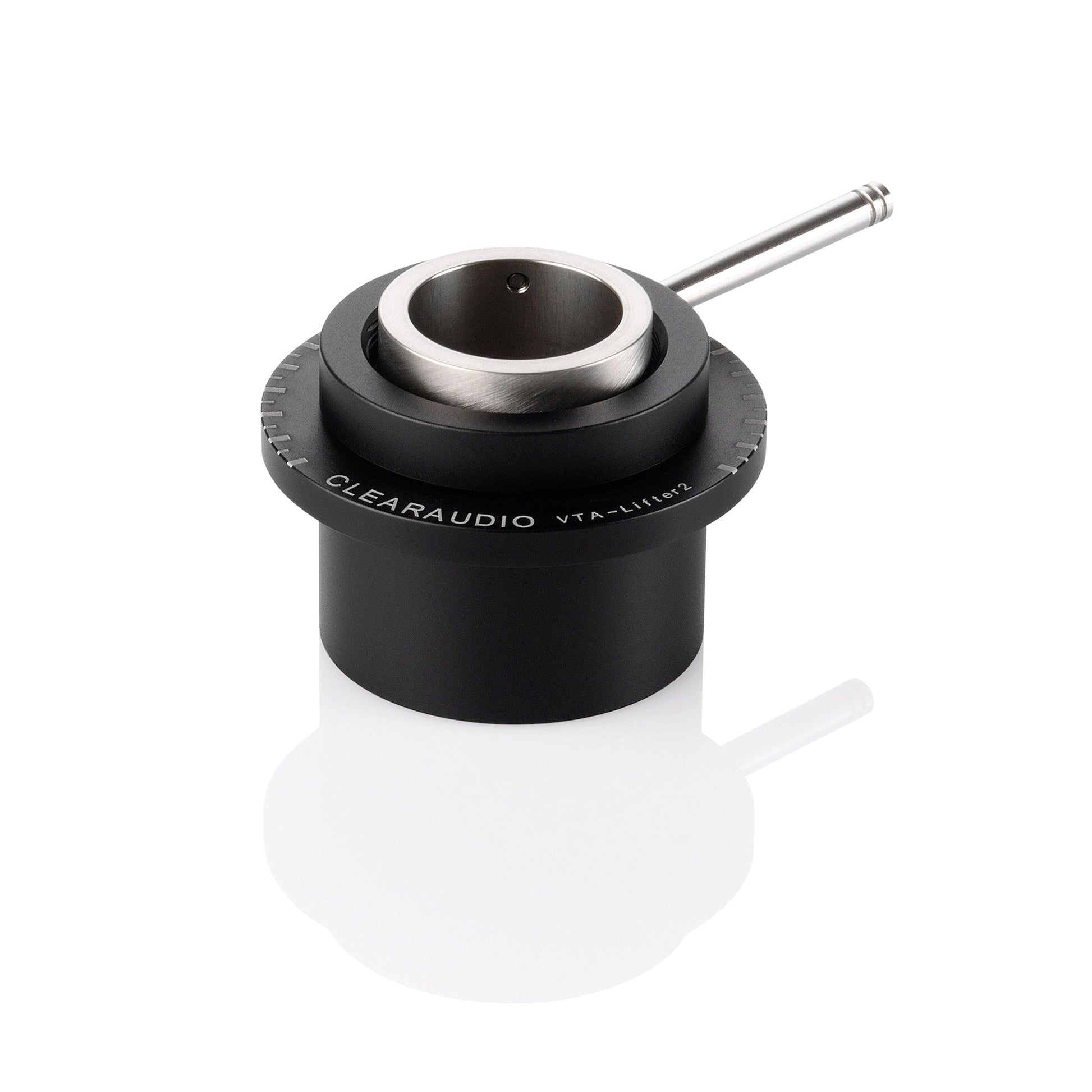 Clearaudio VTA Lifter, VTA-Höhenverstellung, Schrägansicht in Schwarz mit Skalenring und Stellhebel