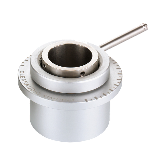 Clearaudio VTA Lifter, VTA-Höhenverstellung, Schrägansicht in Silber mit Skalenring und Stellhebel