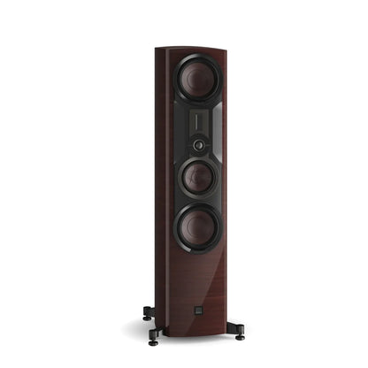 DALI Epikore 9 Standlautsprecher Hochglanz Maroon Schrägansicht, SMC-Gehäuse mit Dual-8-Zoll-Tieftönern