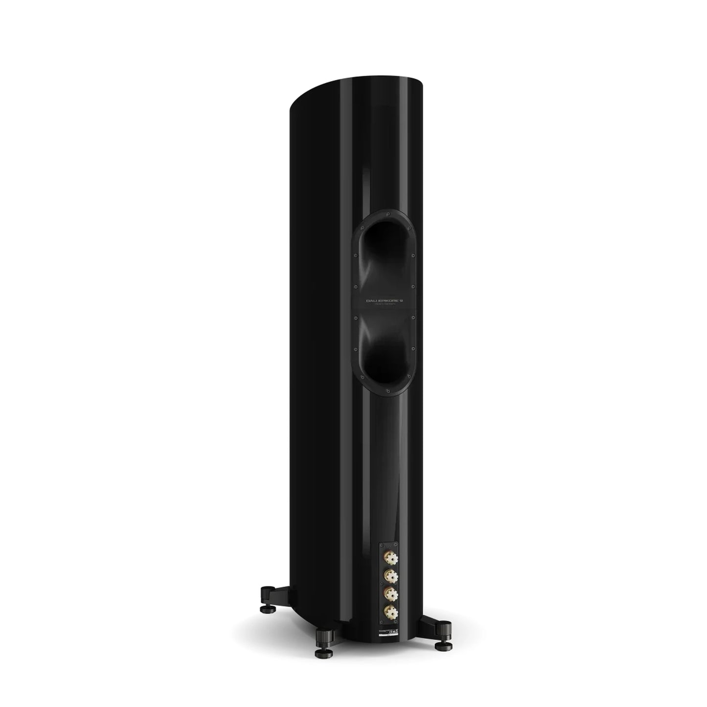 DALI Epikore 9 Standlautsprecher Hochglanz Schwarz Rückansicht, Continuous-Flare-Port und Klemmterminal seitlich