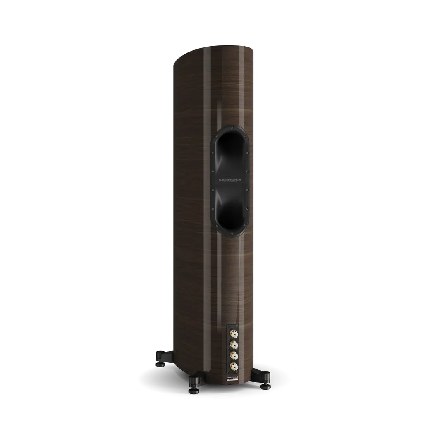 DALI Epikore 9 Standlautsprecher Hochglanz Walnuss Rückansicht, Continuous-Flare-Port und Klemmterminal seitlich