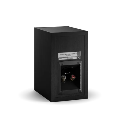 DALI Opticon 1 MK2 Regallautsprecher Schwarz Rückansicht seitlich mit Anschlussterminal
