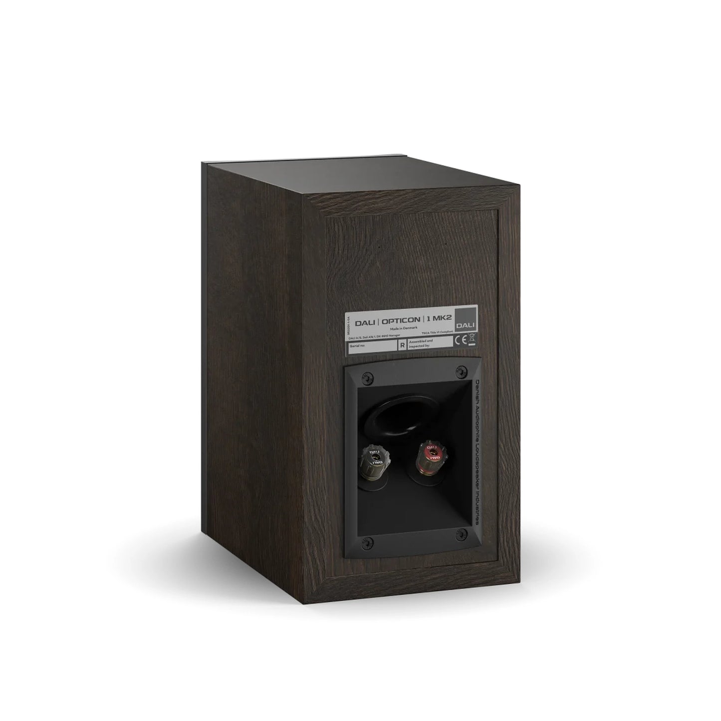 DALI Opticon 1 MK2 Regallautsprecher Tabak-Eiche Rückansicht seitlich, Bassreflex-Port und Terminal