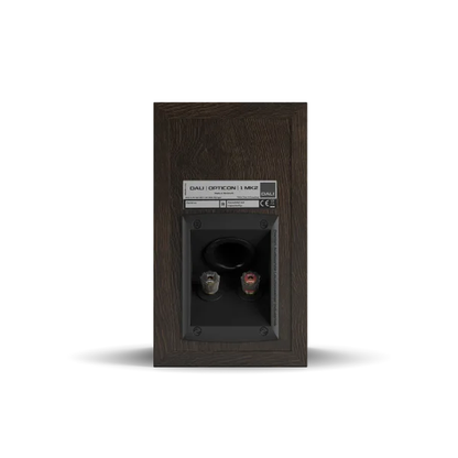 DALI Opticon 1 MK2 Regallautsprecher Tabak-Eiche Rückansicht mit Anschlussterminal
