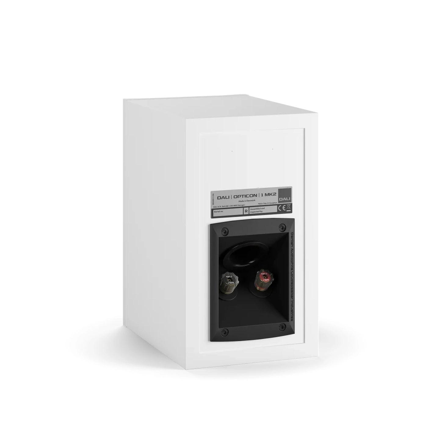 DALI Opticon 1 MK2 Regallautsprecher Weiss Rückansicht seitlich, Bassreflex-Port und Terminal
