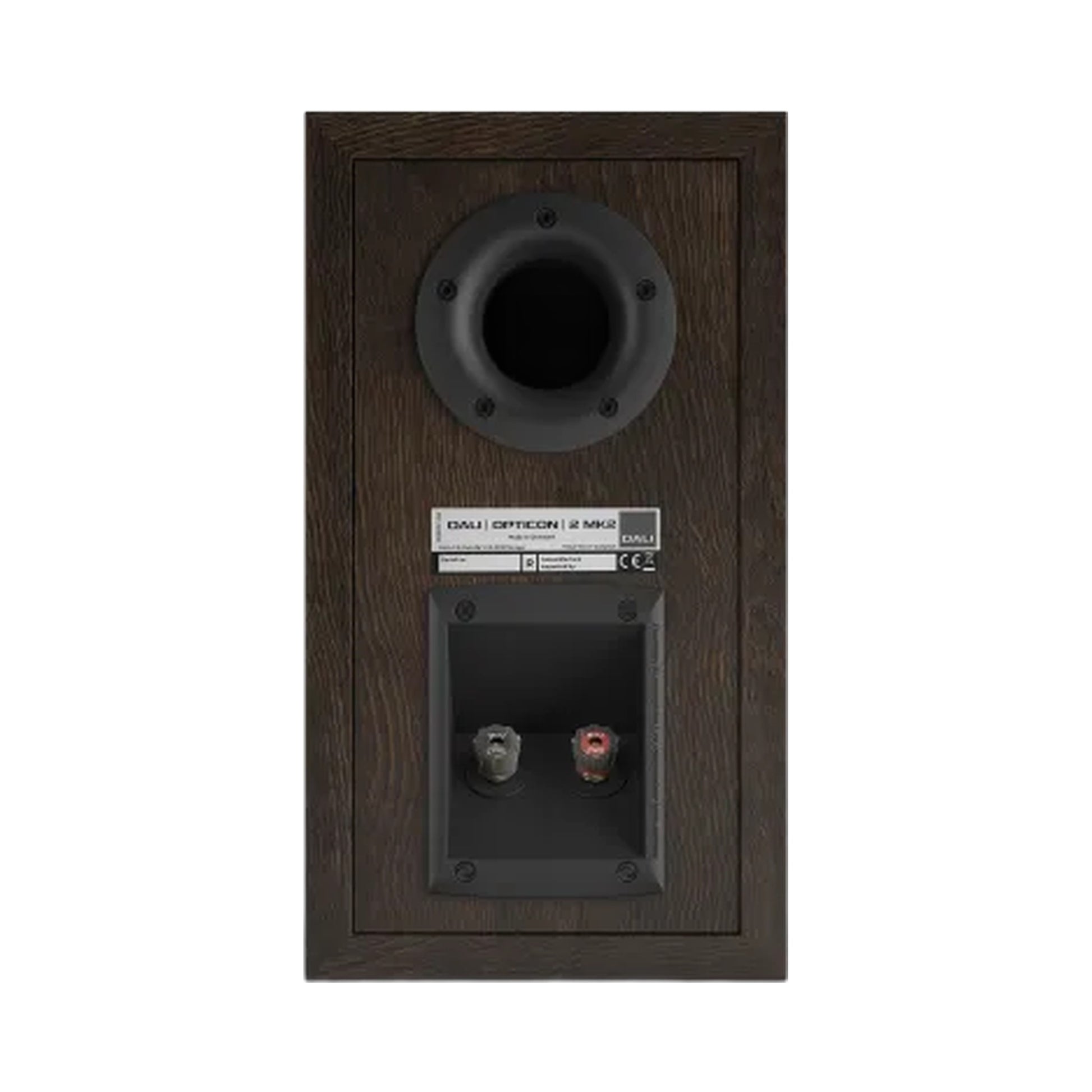 DALI Opticon 2 MK2 Regallautsprecher Tabak-Eiche Rückansicht Anschlussterminal
