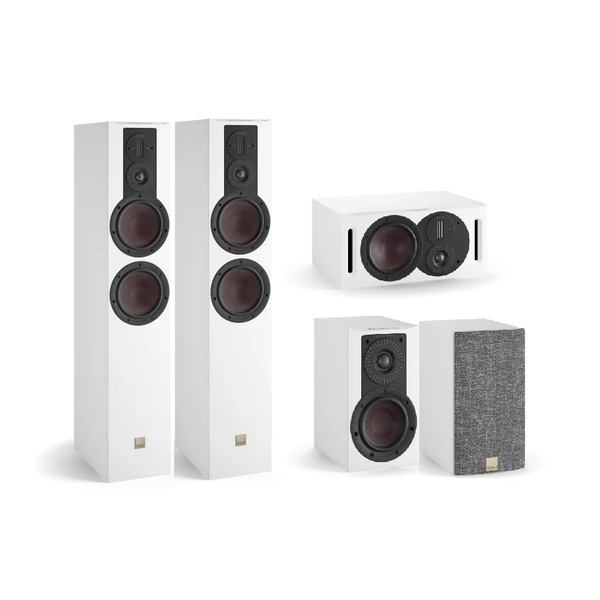 DALI Opticon 6/1/Vokal MK2 Lautsprecher-Set Weiss Setansicht mit Standlautsprechern, Center und Regallautsprechern