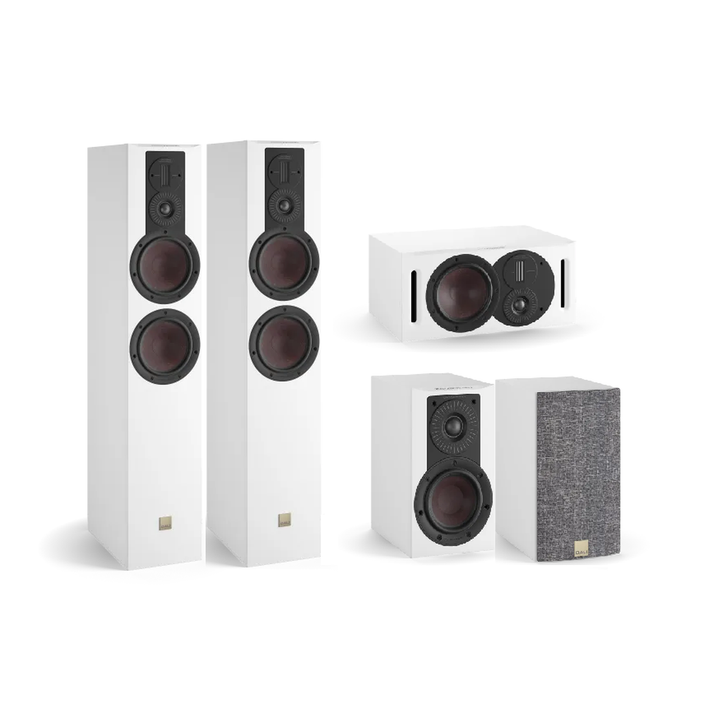 DALI Opticon 6/1/Vokal MK2 Lautsprecher-Set Weiss Setansicht mit Standlautsprechern, Center und Regallautsprechern