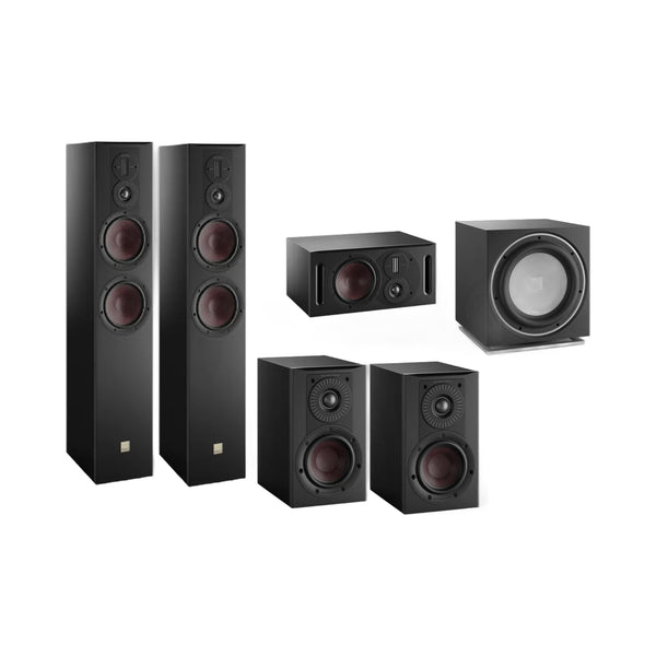 DALI Opticon 6/1/Vokal MK2 + Sub E-12 F Lautsprecher-Set Schwarz Setansicht mit Subwoofer