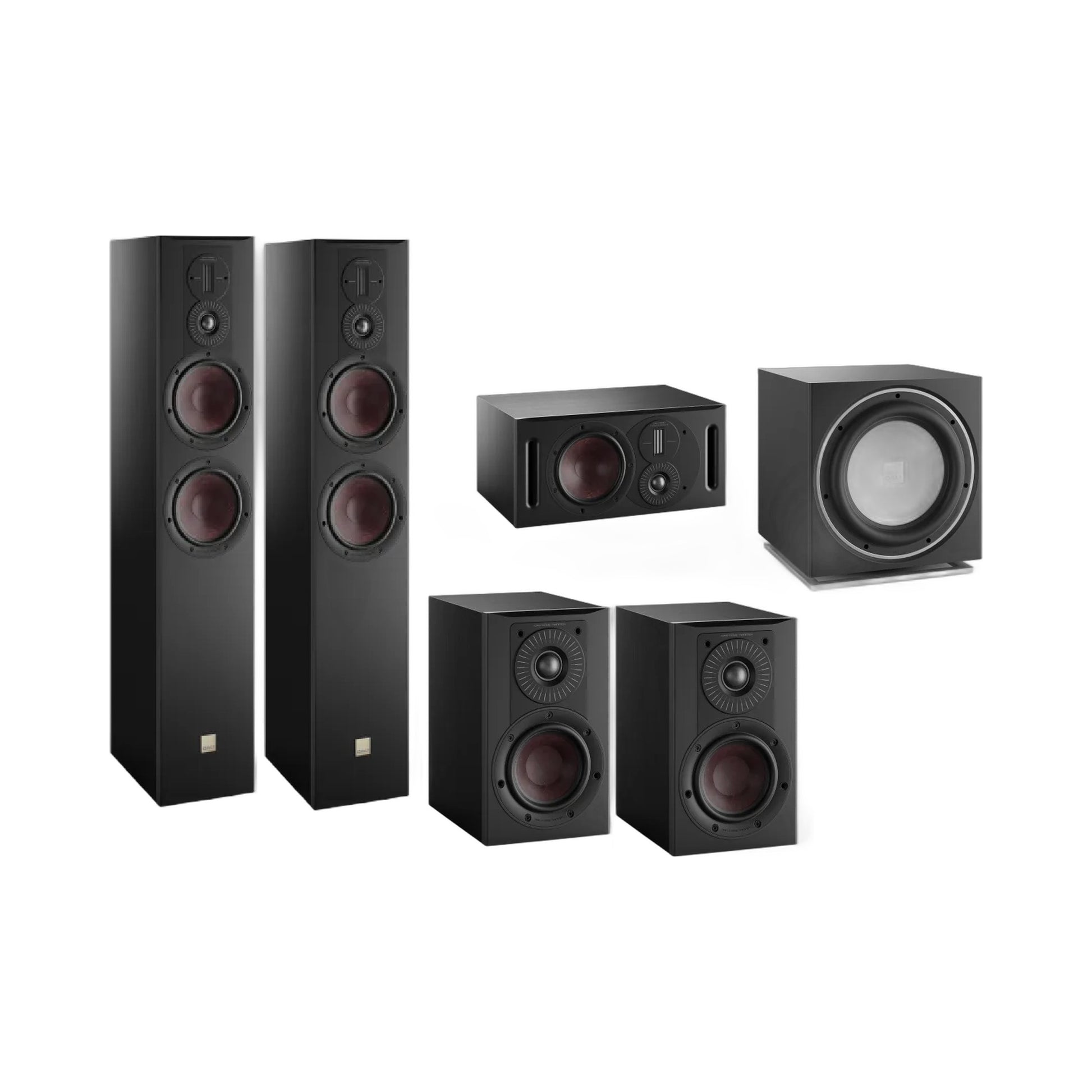 DALI Opticon 6/1/Vokal MK2 + Sub E-12 F Lautsprecher-Set Schwarz Setansicht mit Subwoofer