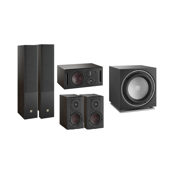 DALI Opticon 6/1/Vokal MK2 + Sub E-12 F Lautsprecher-Set Tabak-Eiche Setansicht mit Subwoofer