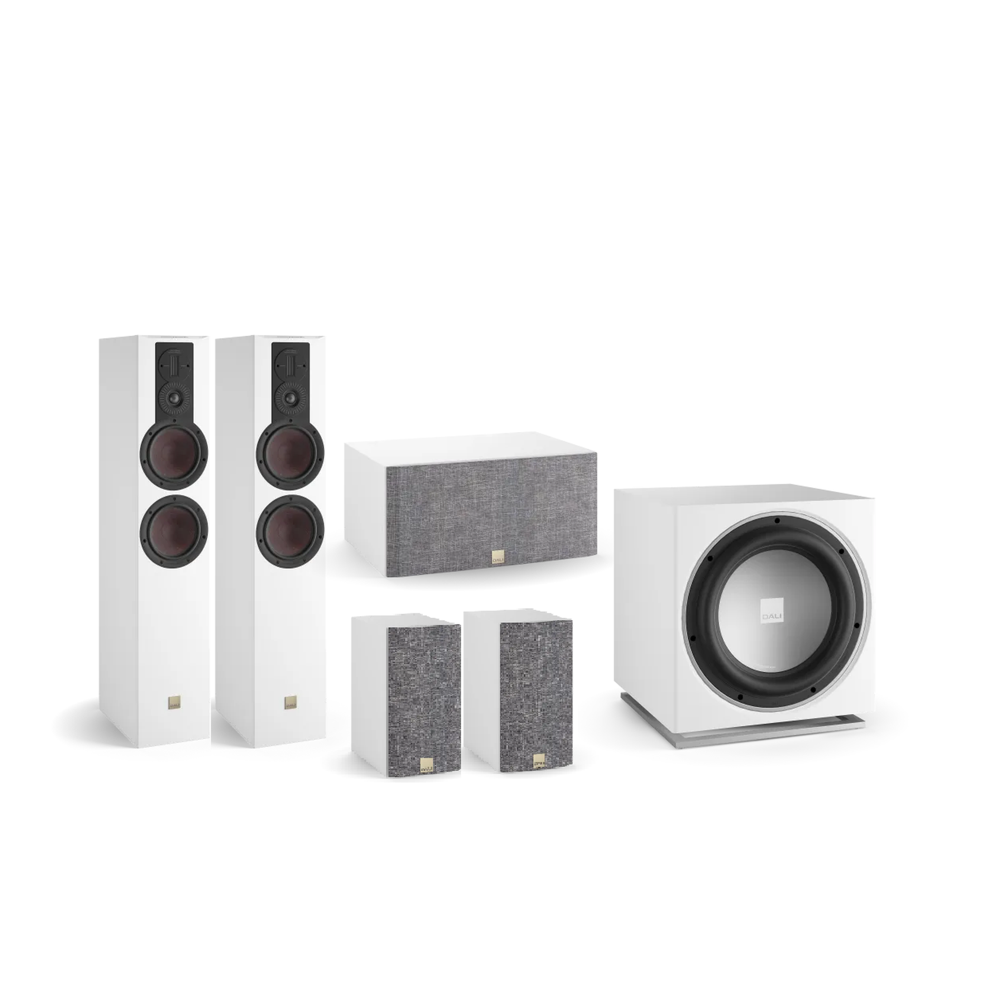 DALI Opticon 6/1/Vokal MK2 + Sub E-12 F Lautsprecher-Set Weiss Setansicht mit Subwoofer