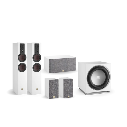 DALI Opticon 6/1/Vokal MK2 + Sub E-12 F Lautsprecher-Set Weiss Setansicht mit Subwoofer