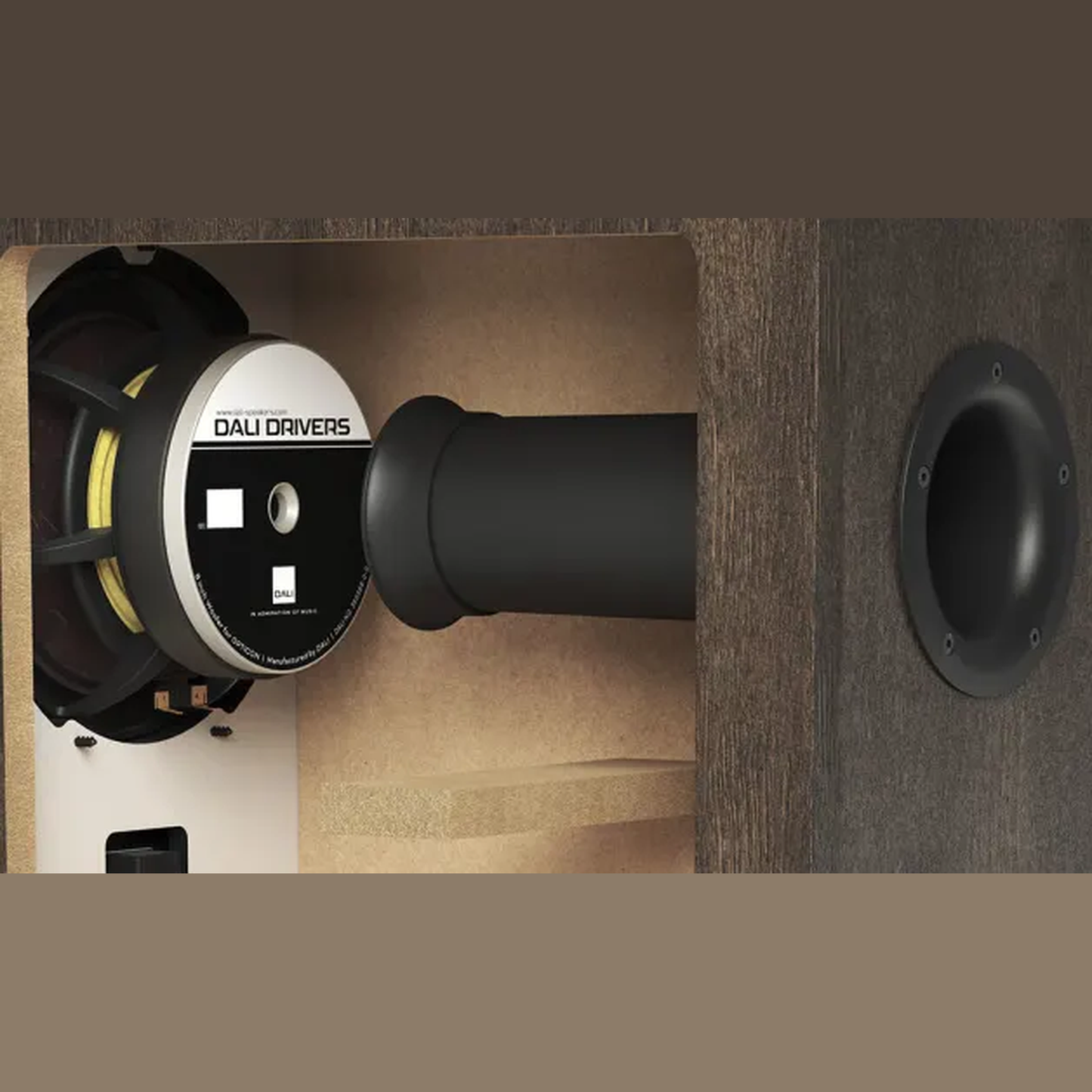 DALI Opticon 6 MK2 Standlautsprecher Innenansicht, Treiber und Bassreflexrohr im Gehäuse