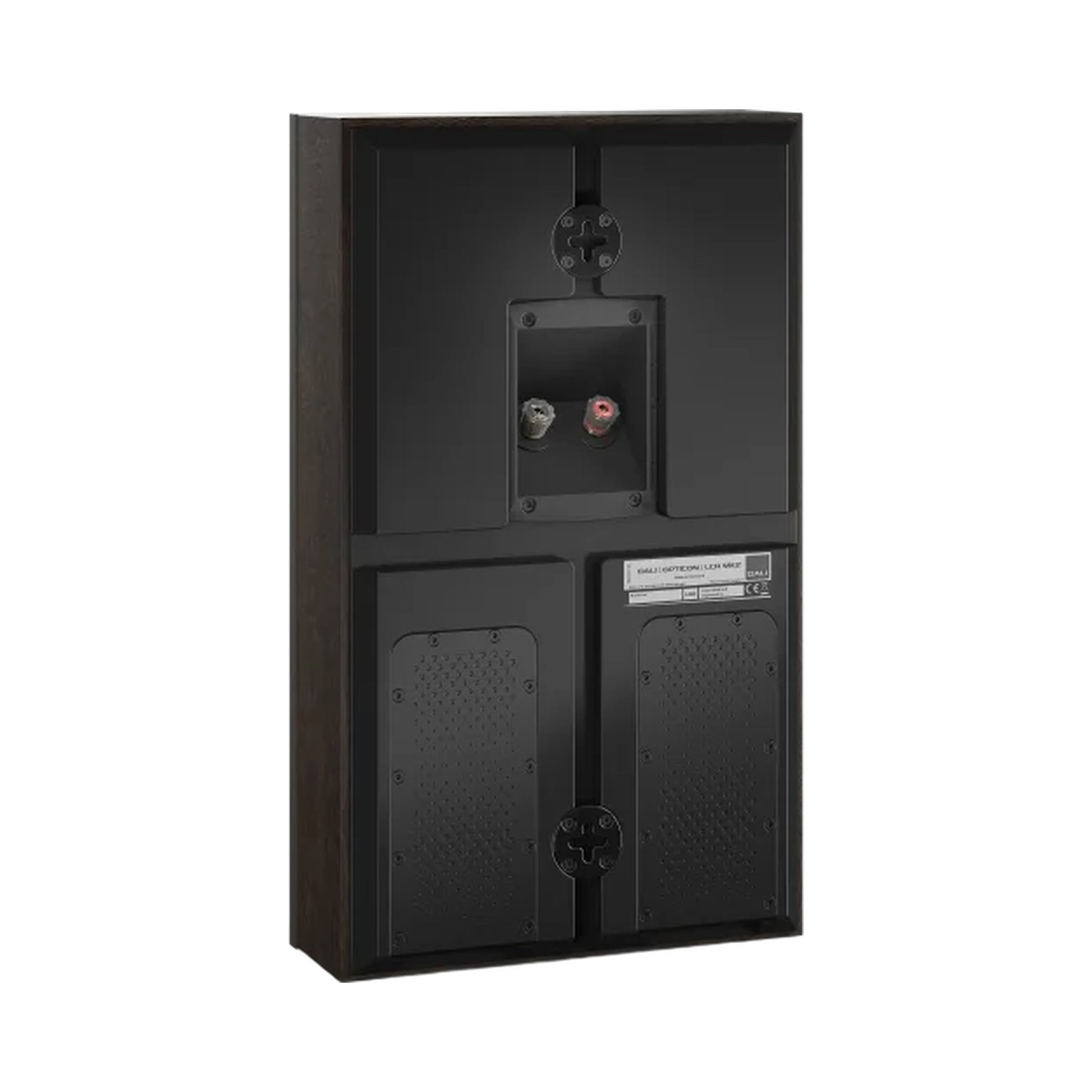 DALI Opticon LCR MK2 On-Wall-Lautsprecher Tabak-Eiche Schrägansicht Anschlussterminal