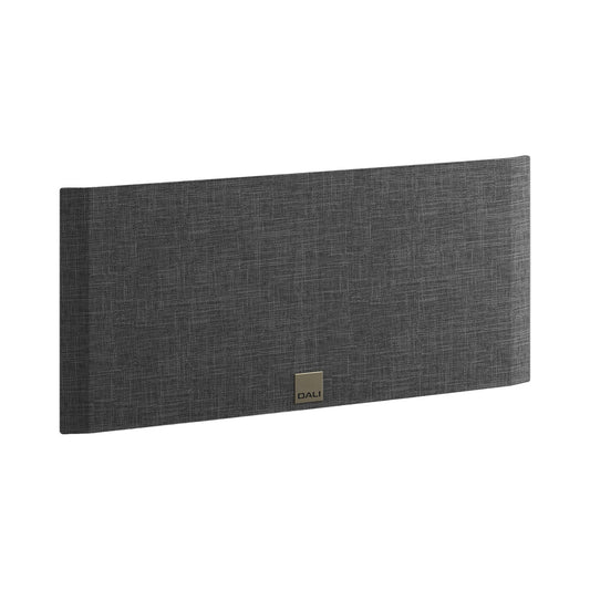 DALI Opticon Vokal MK2 Grille Grau Schrägansicht, Frontbespannung aus Stoff mit Logo