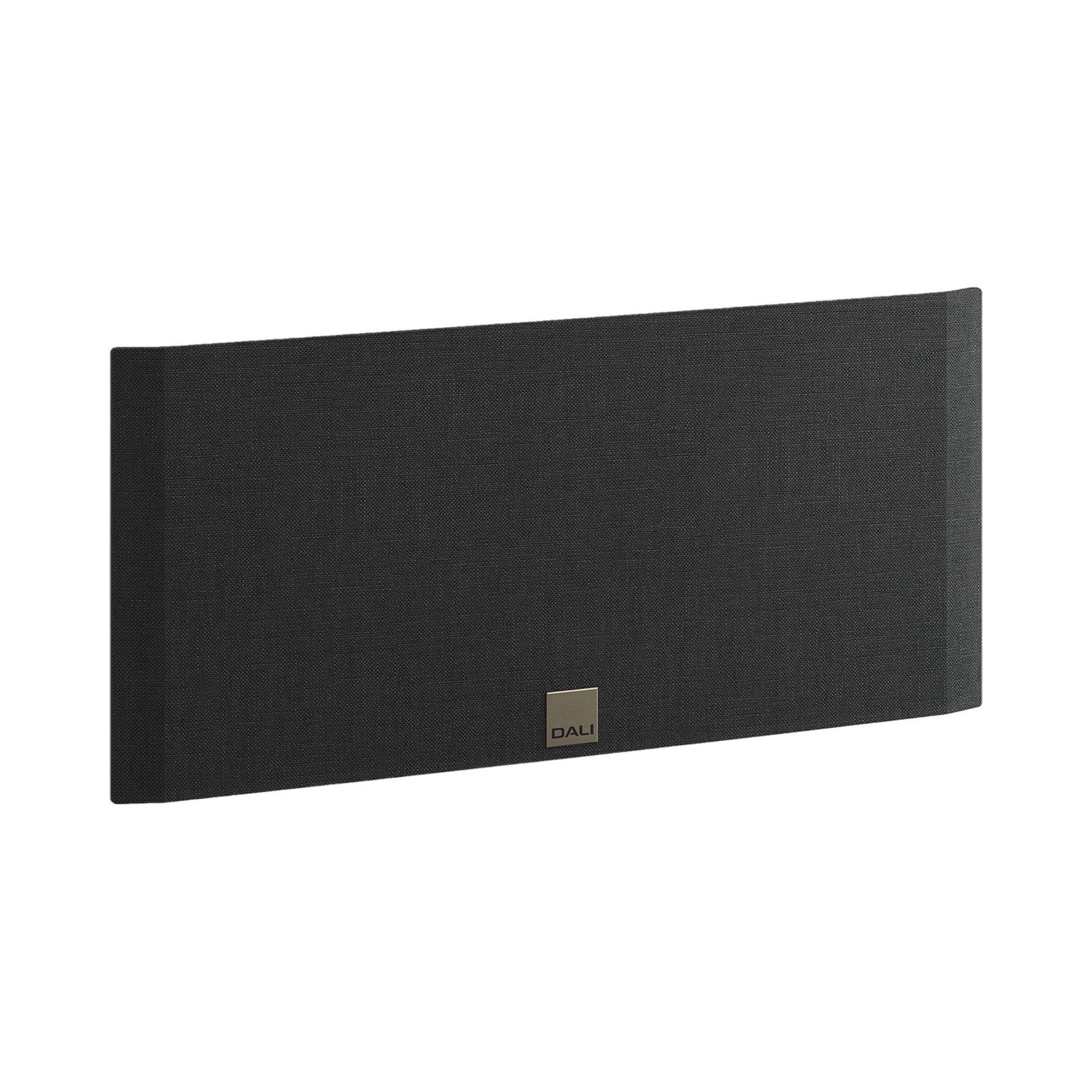 DALI Opticon Vokal MK2 Grille Schwarz Schrägansicht, Frontbespannung aus Stoff mit Logo
